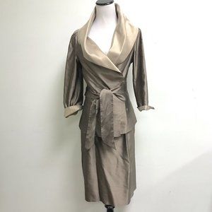 Max Mara silk 2 piece suit wrap blazer shawl Jacket + Pencil skirt taupe tan 6